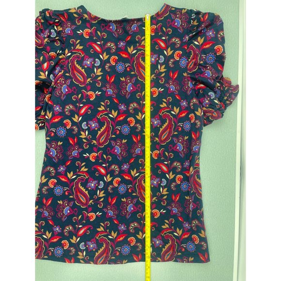 LOFT Women Paisley Ruffle Cinched Sleeve V-Neck Top Small - Picture 6 of 16